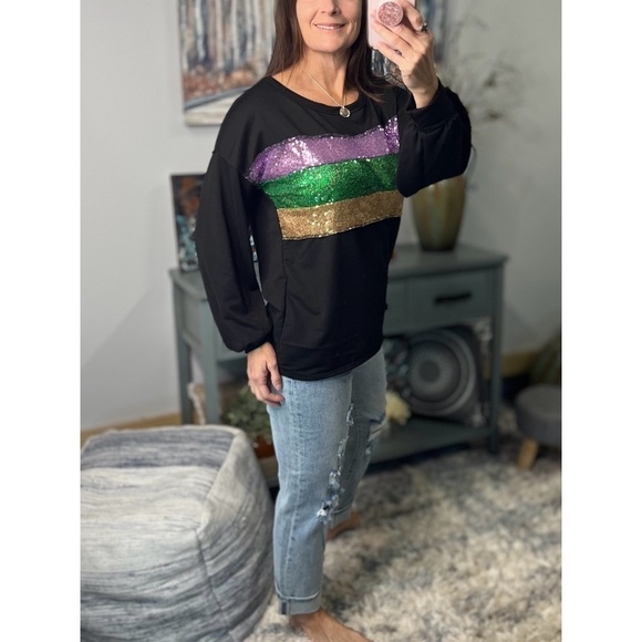 Mardi Gras Sequined Color Block French Terry Purple Green Gold Black 1123 - Picture 9 of 11